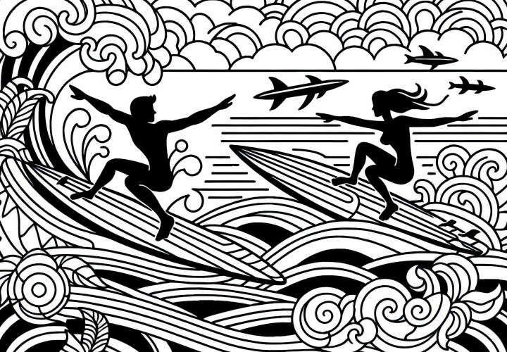 Dois surfistas surfando em ondas – Desenho para colorir grátis Dois surfistas montando nas ondas - Desenho para colorir gratuito