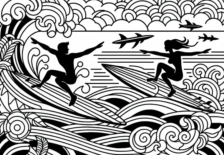 Zwei Surfer Reiten Auf Wellen – Kostenloses Ausmalbild