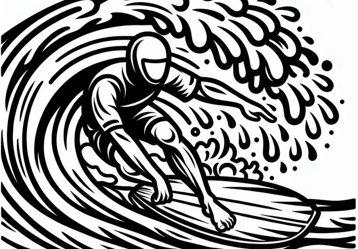 Surfer beim Wellenreiten – Malvorlage kostenlos