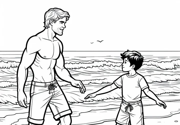 Surflehrer zeigt Schüler die richtige Technik am Strand – Malvorlage gratis