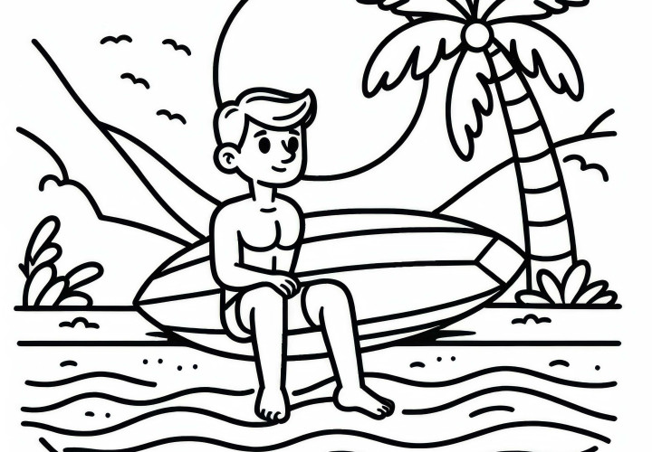 Surfista sentado relaxado na prancha na praia - Modelo para colorir grátis Surfista relaxa em sua prancha na praia - Desenho para colorir gratuito