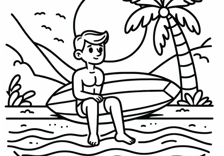 Surfer sitzt entspannt auf Board am Strand – Malvorlage kostenlos