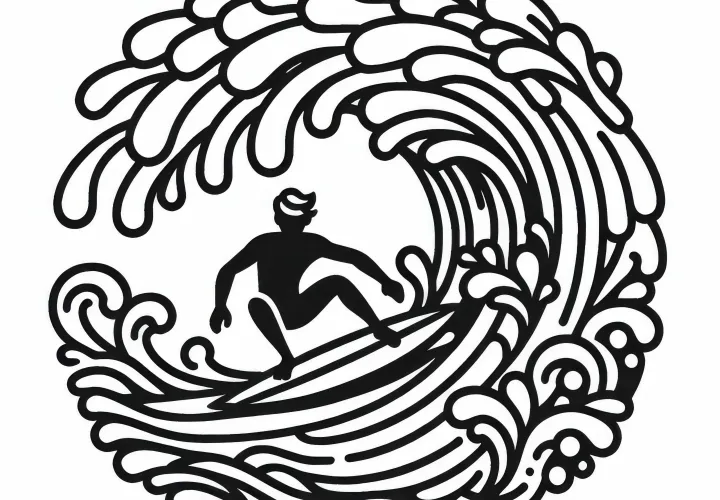 Große Welle bricht mit Surfer mittendrin – Ausmalbild kostenlos