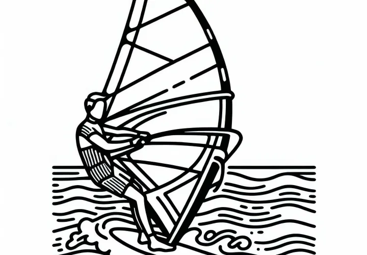 Windsurfer hält Segel und gleitet übers Wasser – Ausmalbild kostenlos