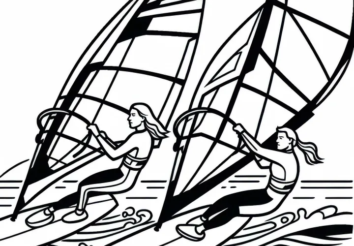 Zwei Windsurfer Fahren in Hoher Geschwindigkeit Nebeneinander – kostenloses Ausmalbild