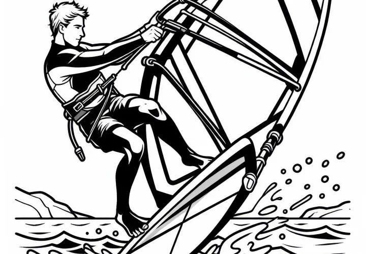 Windsurfer hebt Brett aus dem Wasser für einen Sprung – Malvorlage kostenlos