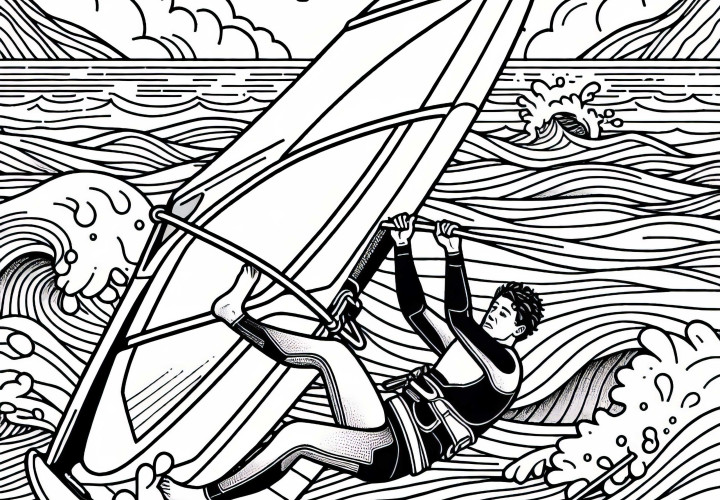 Windsurfista perde o controle – Imagem para colorir gratuita Windsurfer perde o controle – Desenho para colorir grátis