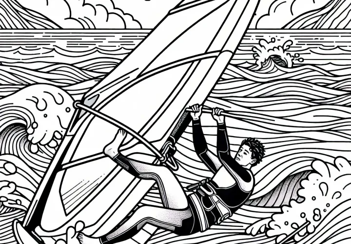 Windsurfer verliert die Kontrolle – Ausmalbild gratis