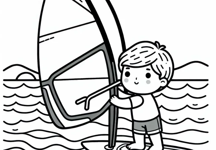 Kind trainiert Windsurfen - Ausmalbild gratis