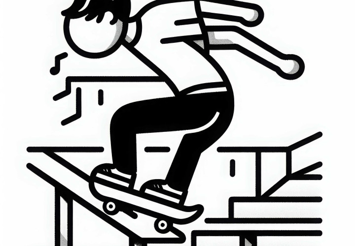 Skater grindede med brættet på gelænderstangen i skateparken - farvelægningsbillede gratis og enkelt