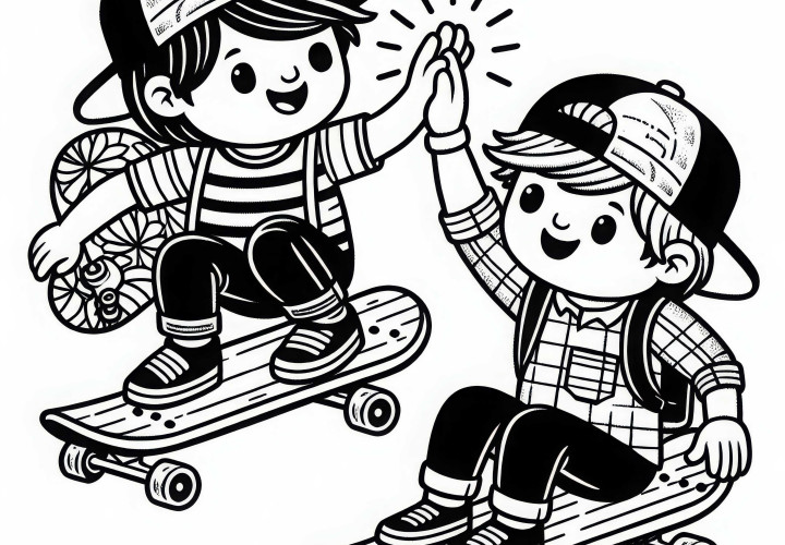 Two friends are riding side by side on skateboards - coloring page free