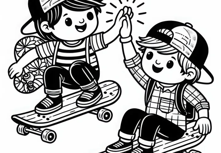 Два друга едут рядом на скейтбордах – бесплатный раскраска