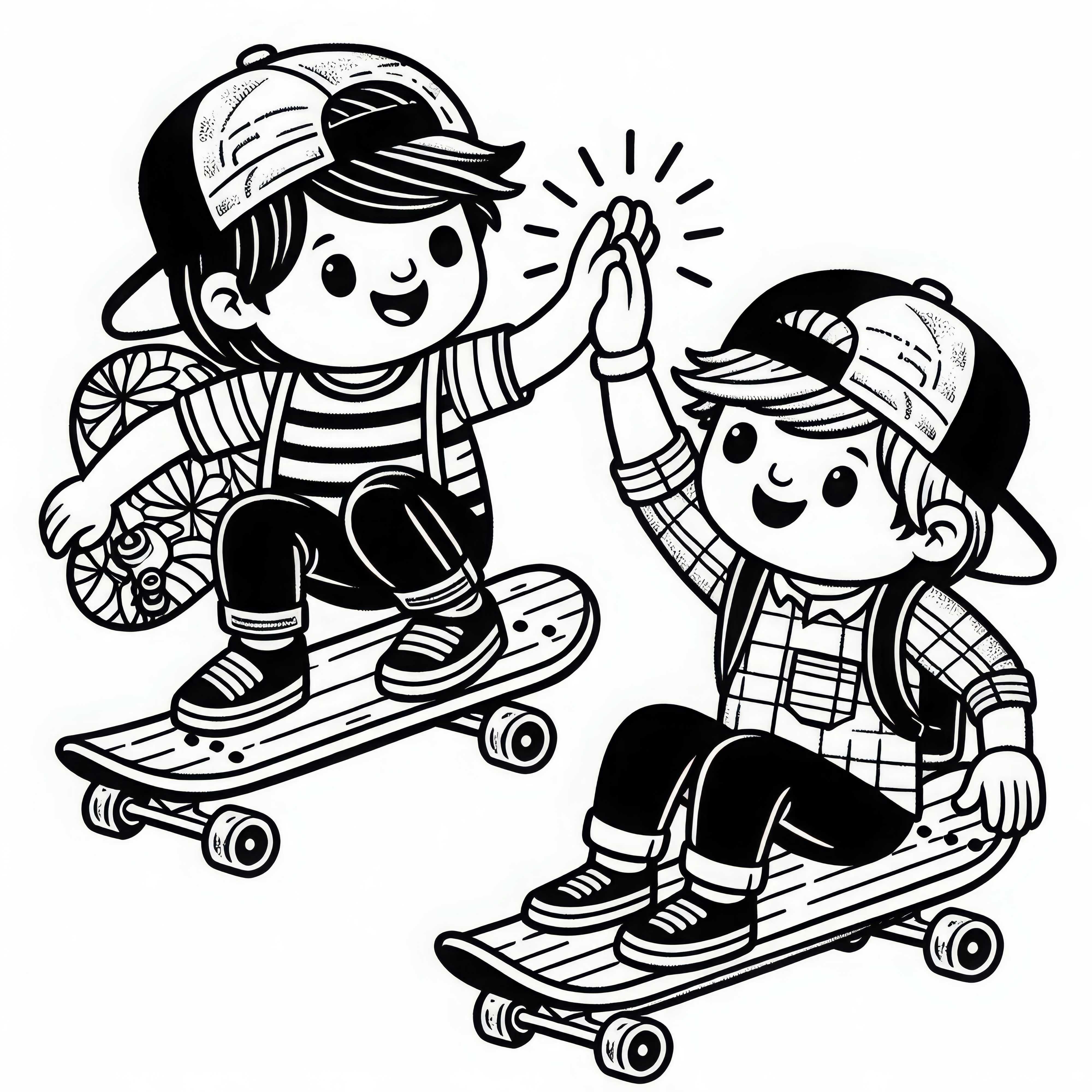 Twee vrienden rijden naast elkaar op skateboards - Kleurplaat gratis