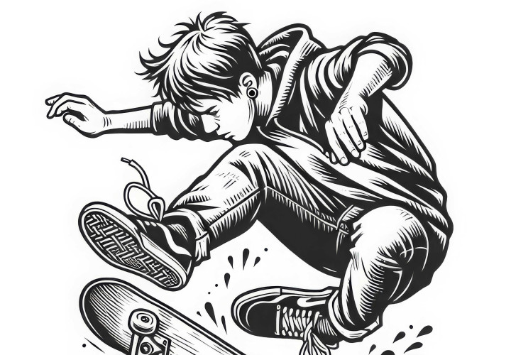 Skater performing a kickflip – Free coloring page