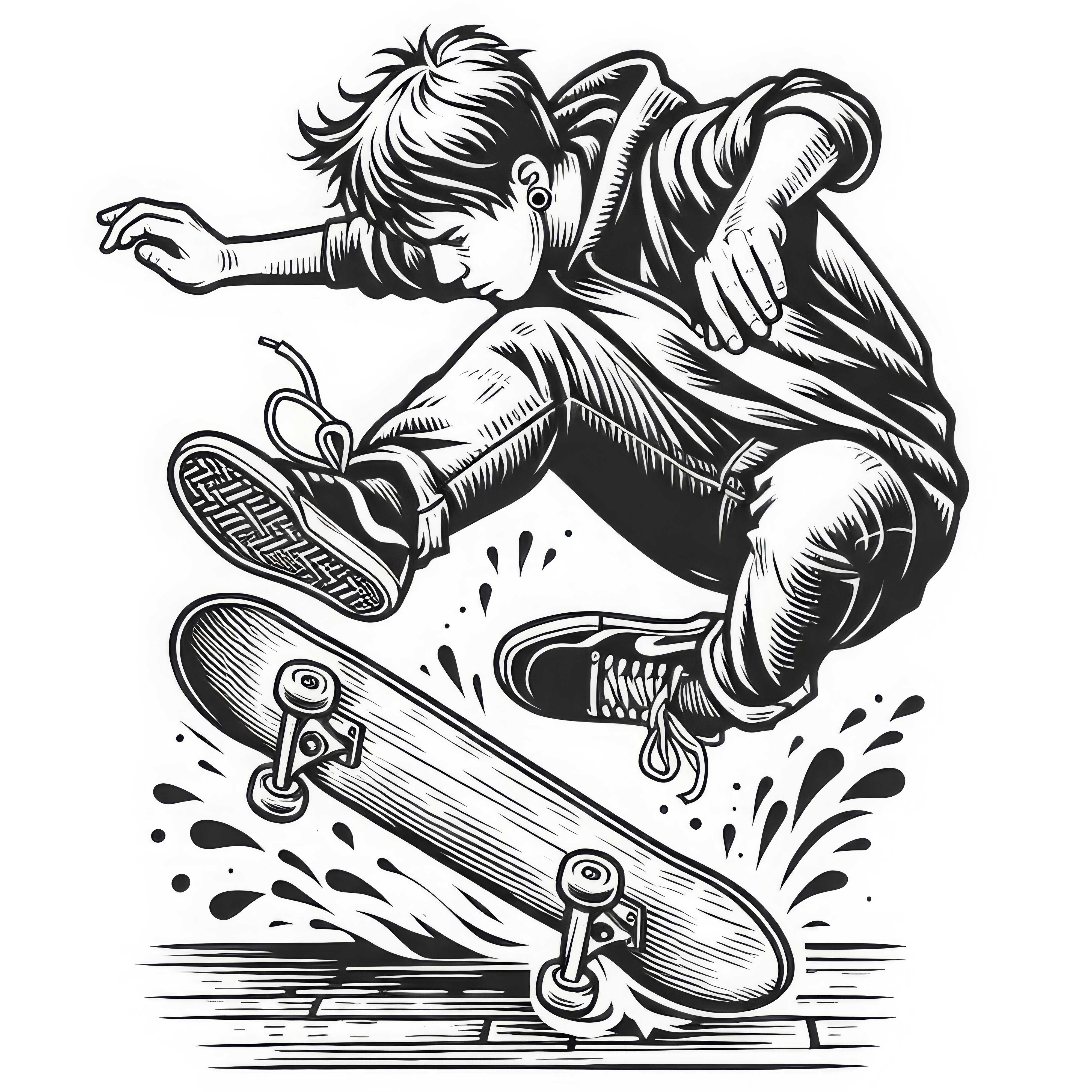 Skater performs a kickflip - Free coloring page