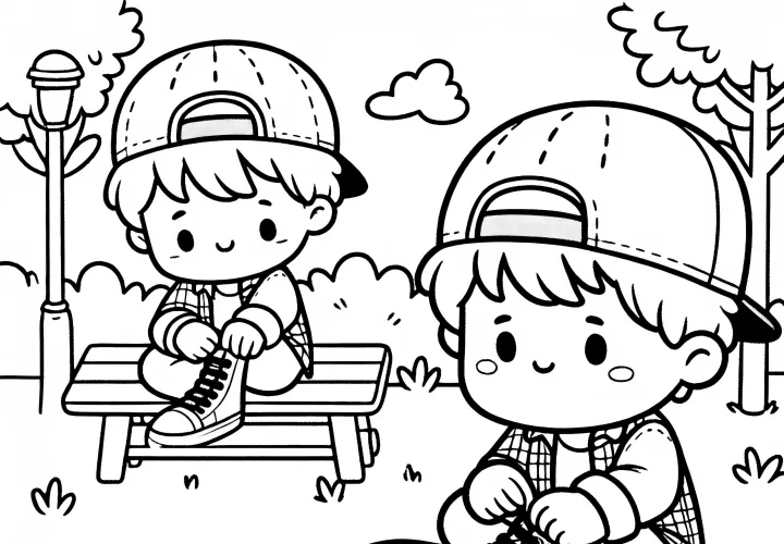 Мальчик сидит на скейтборде и завязывает шнурки - Бесплатная раскраска