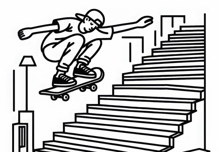 Скейтбордист прыгает со ступеней – бесплатно раскраска