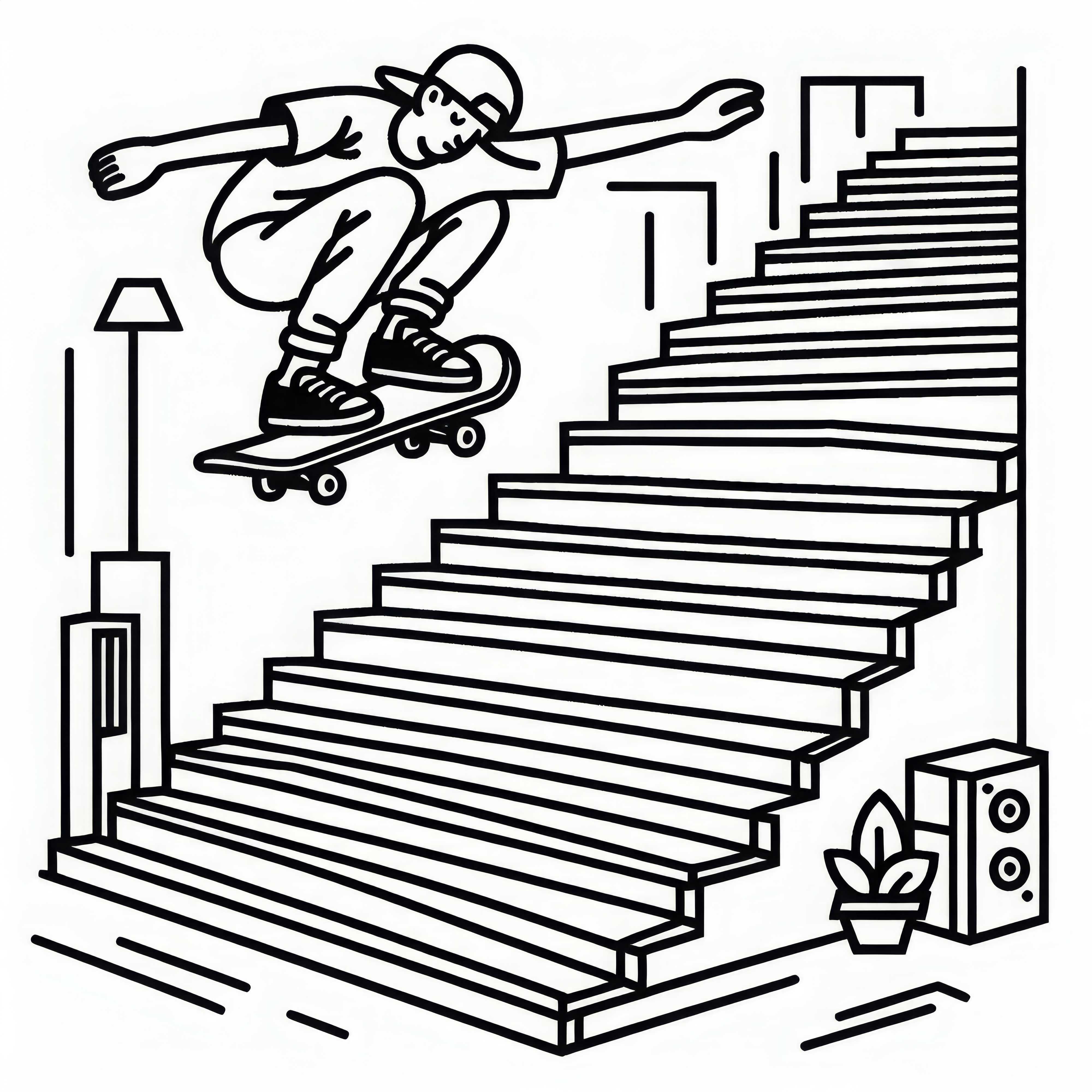 Skater melakukan lompatan dari tangga - Gambar mewarnai gratis