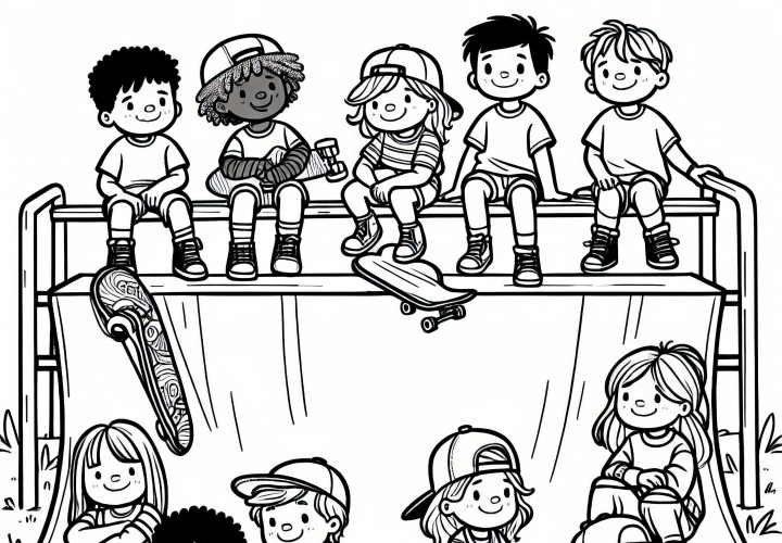 Sekelompok skateboarder duduk di halfpipe – Buku gambar gratis Sekelompok pemain skateboard duduk di halfpipe - Template mewarnai gratis