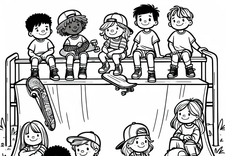 Группа скейтеров сидит на хафпайпе – раскраска бесплатно