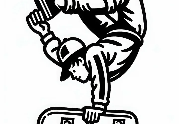 Скейтбордист практикует стойку на руках на доске – бесплатная раскраска