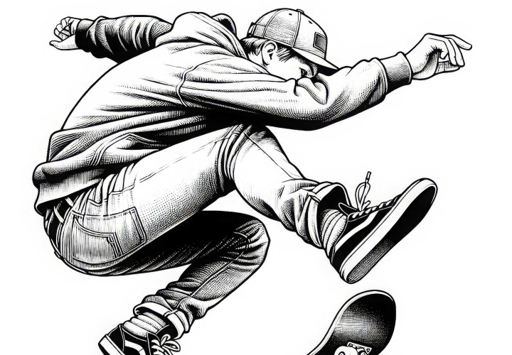 Skater melakukan Kickflip – Gambar untuk diwarnai secara detail gratis Skater melakukan Kickflip - Gambar mewarnai detail gratis