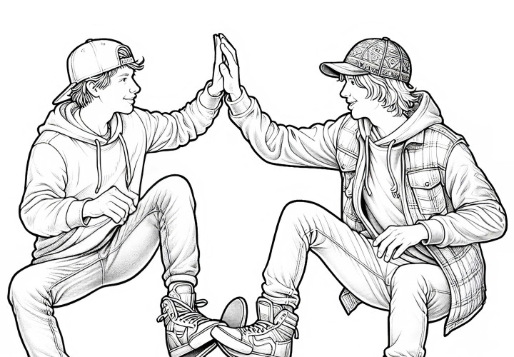 Dua teman di atas papan seluncur saling memberi high five – Gambar untuk diwarnai Gratis Dua teman di atas skateboard saling memberi high five – Gambar untuk diwarnai Gratis