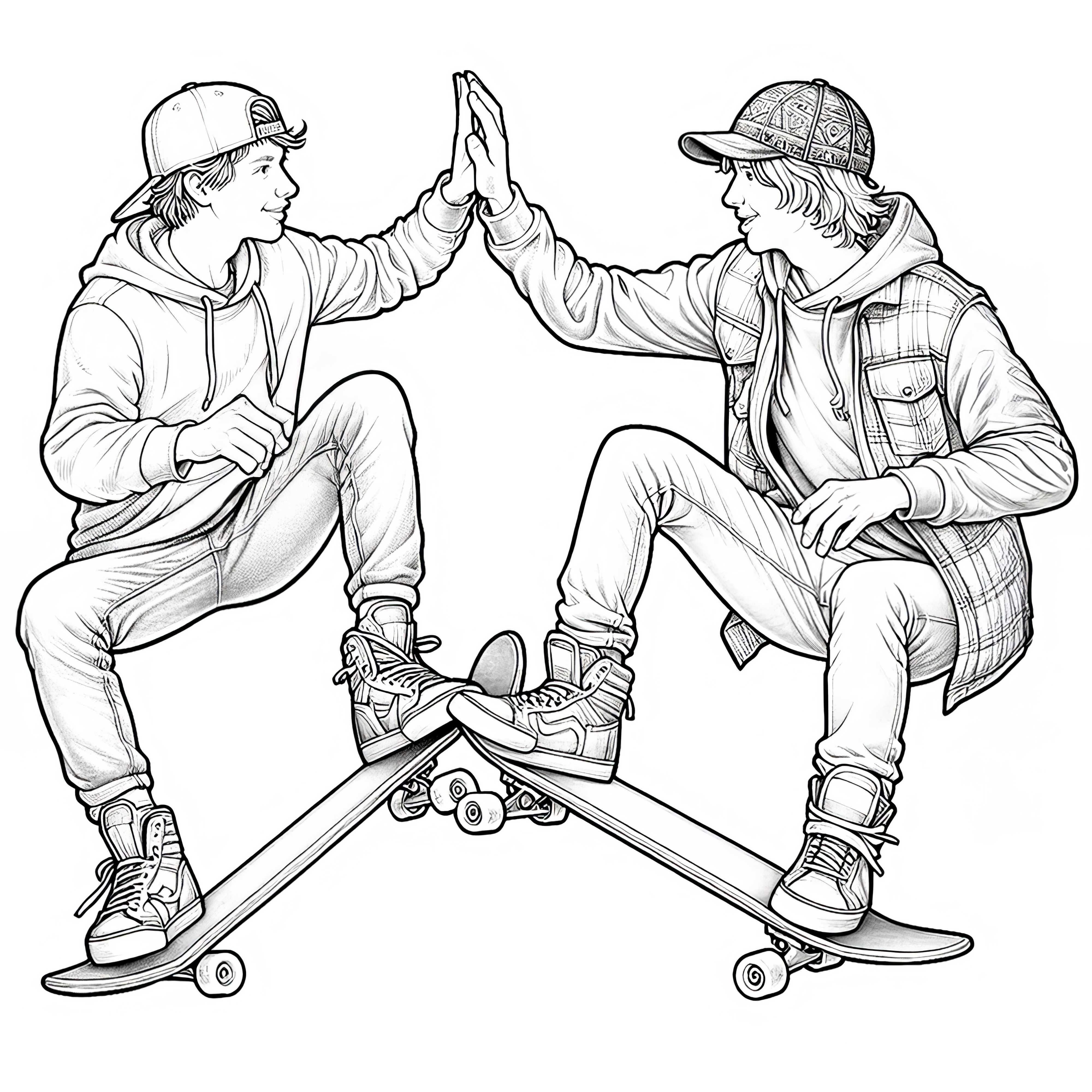 Dua teman di atas skateboard memberikan High Five - Gambar untuk diwarnai Gratis