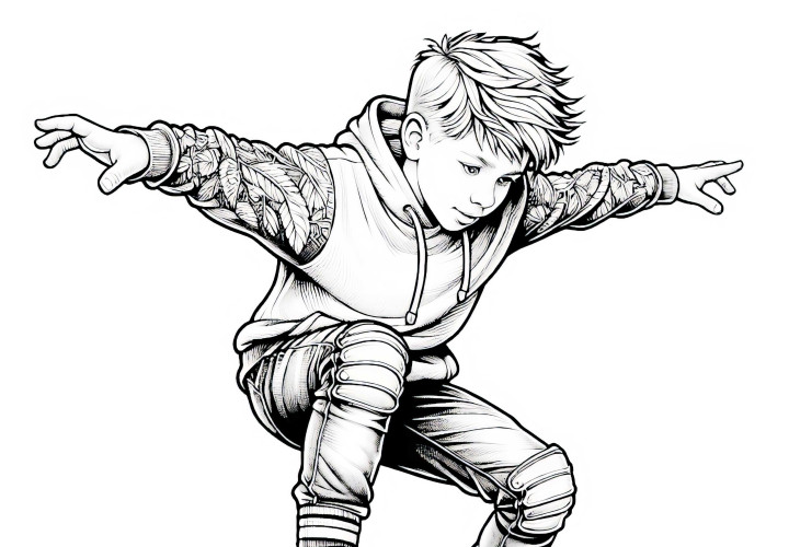 Anak sedang bermain skateboard dengan tangan terentang - gambar mewarnai detail gratis Anak bermain skateboard dengan tangan terentang - Cora gambar detail gratis