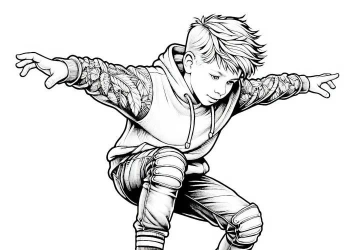 Ребенок едет на скейтборде с вытянутыми руками – раскраска с детализацией, бесплатно