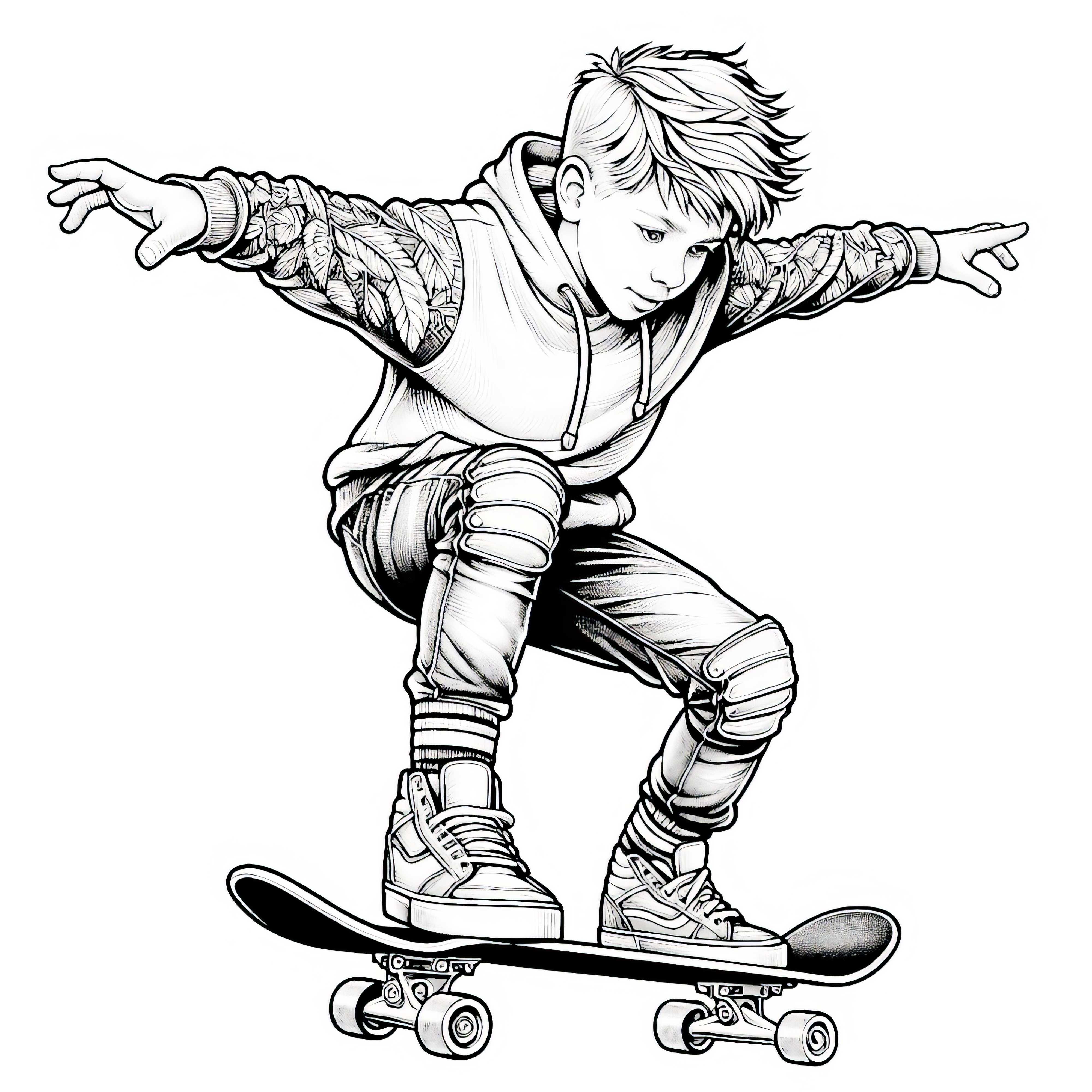 Anak bermain skateboard dengan tangan terentang - gambar mewarnai detail gratis