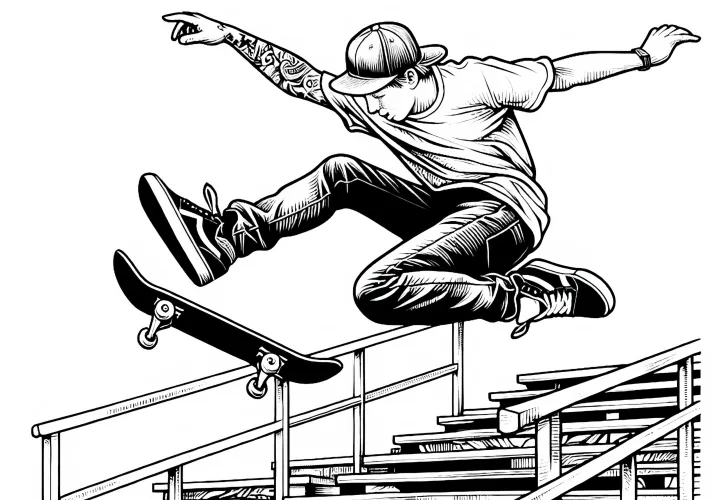 Скейтбордист делает прыжок со ступеней – бесплатный раскраска