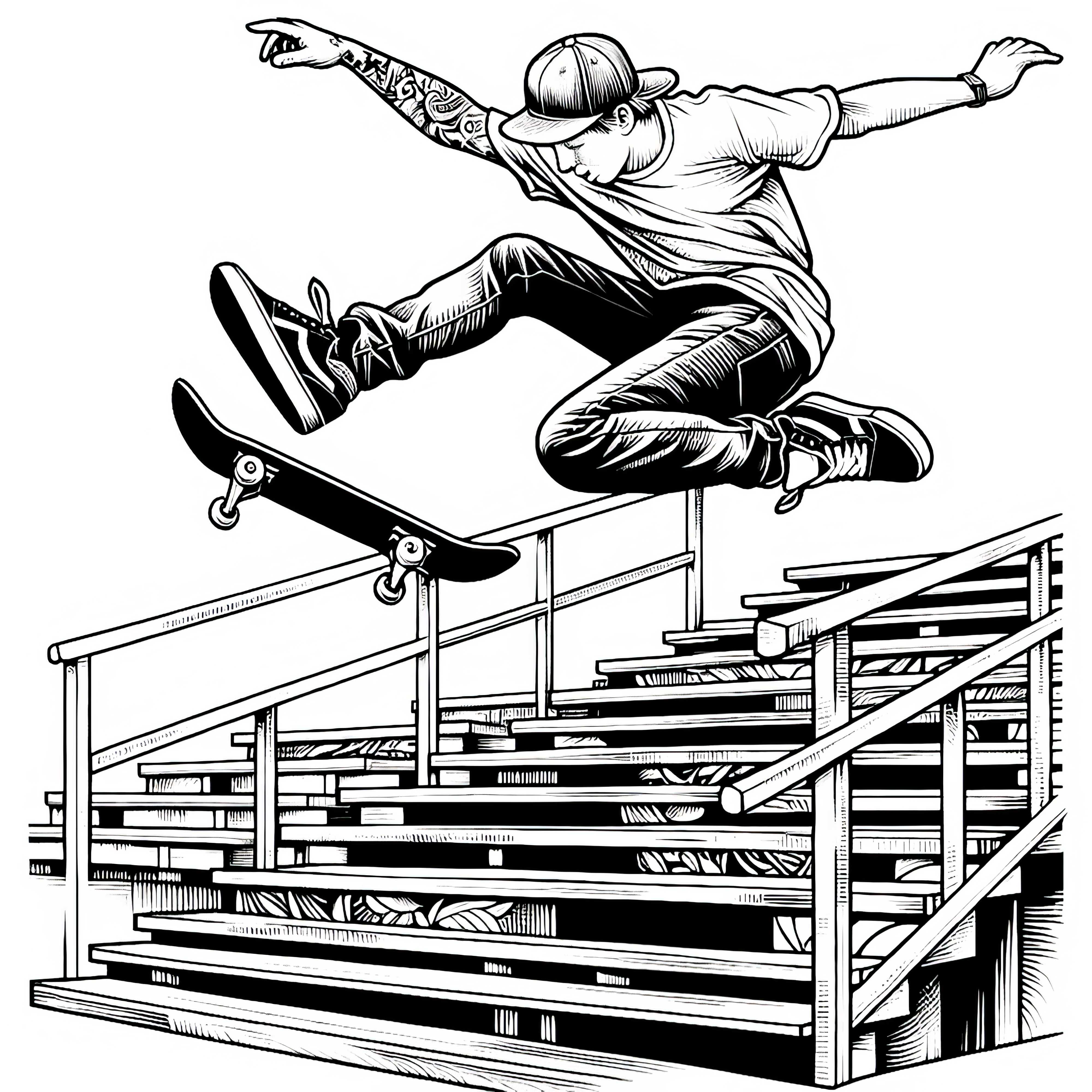 Skater melakukan lompatan dari tangga - Template pewarnaan gratis