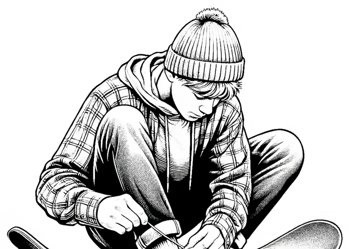 Мальчик сидит на скейтборде и завязывает шнурки – бесплатно скачать раскраску