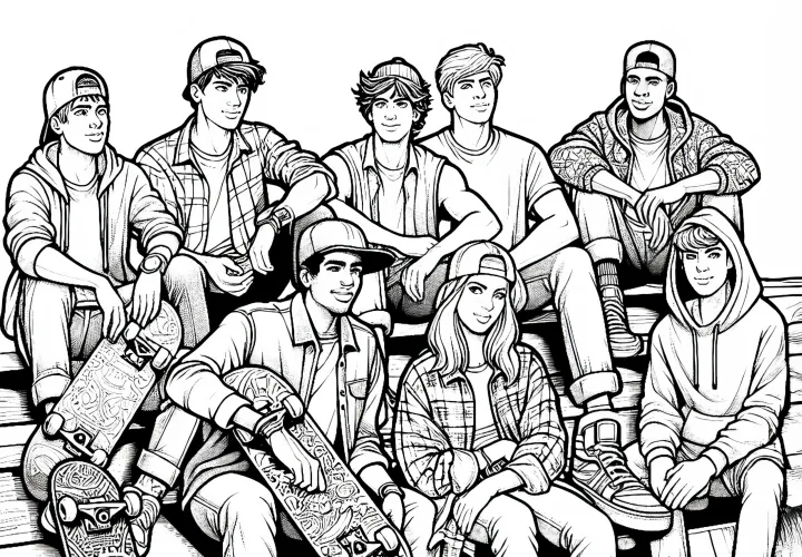 Группа скейтбордистов отдыхает – раскраска в детализированном качестве