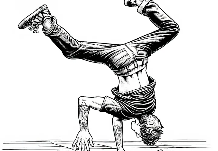 Скейтбордист упражняется в стойке на руках на доске – бесплатный детализированный раскраски