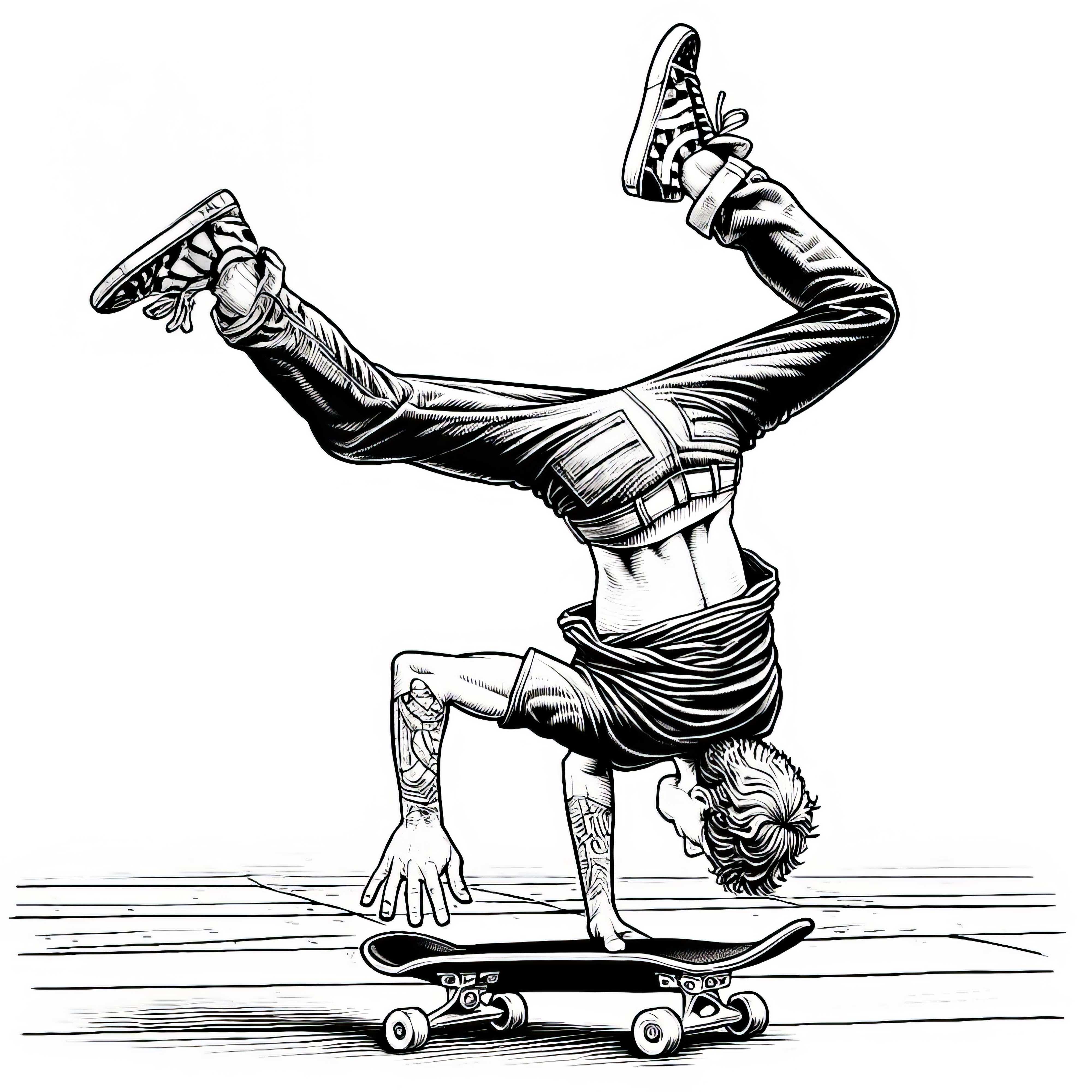 Pemain skateboard berlatih handstand di papan – Lembar mewarnai detail gratis Skater berlatih handstand di papan – Template mewarnai yang detail dan gratis