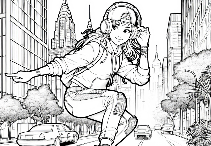 Skater perempuan dengan santai berkendara di jalan kota sambil menggunakan headphone - Gambar untuk diwarnai gratis Penyanyi skate meluncur santai dengan headphone di jalan kota - Gambar untuk diwarnai gratis