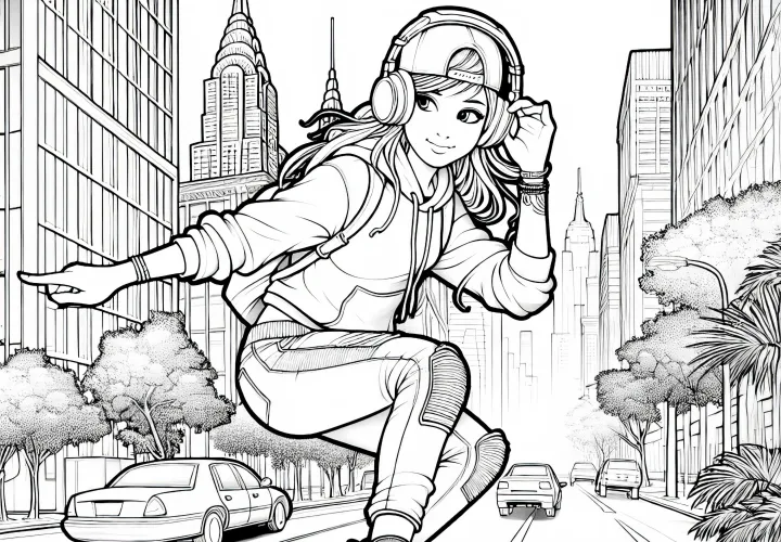 Скейтбордистка спокойно катится по городской улице в наушниках – раскраска бесплатно