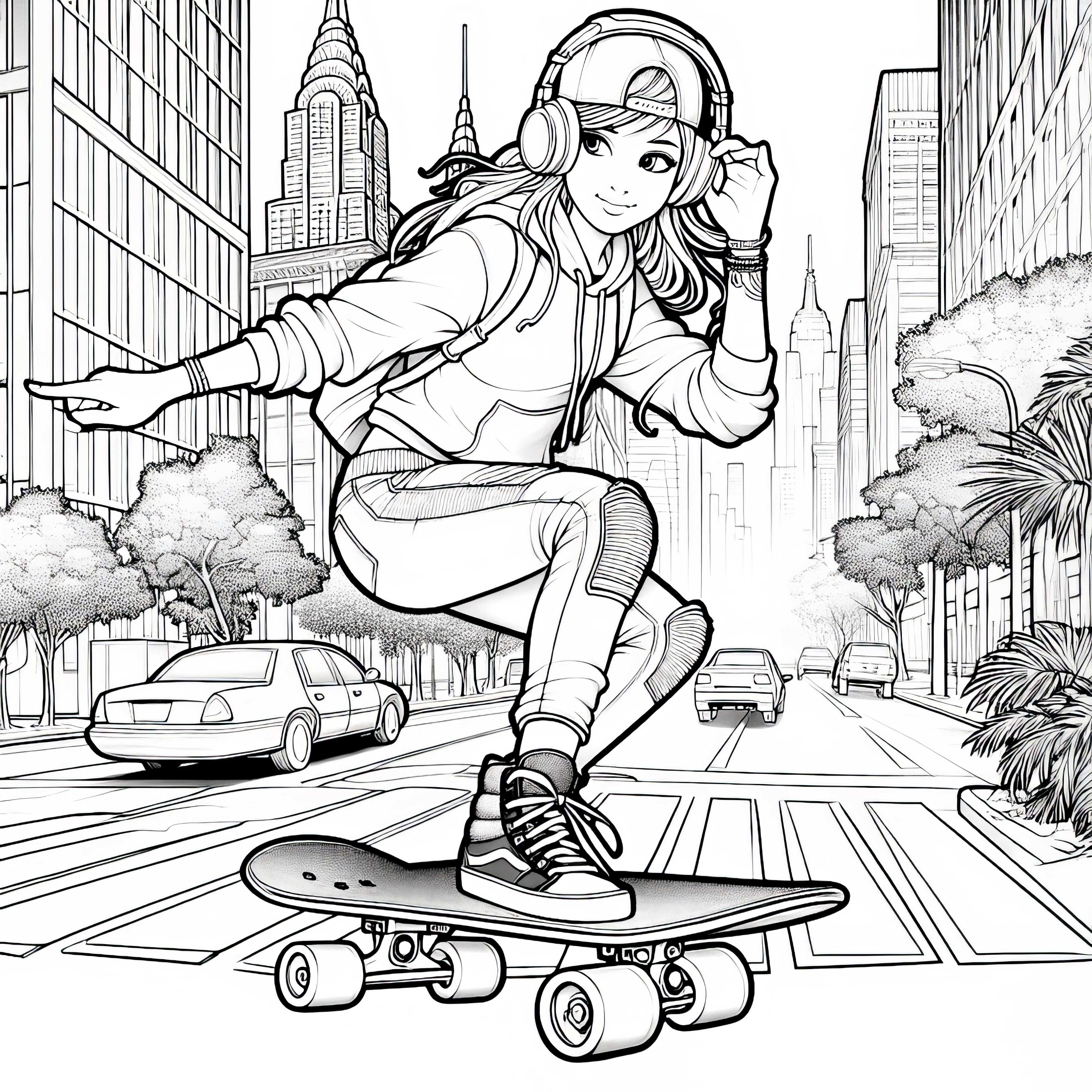 Pemain skateboard melaju santai dengan headphone di jalan kota - Gambar untuk diwarnai gratis