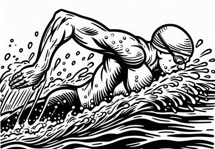 Nadador se impulsa con fuerza a través del agua al nadar estilo libre - Dibujo para colorear gratis