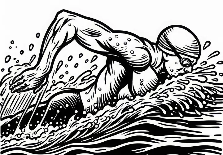 Swimmer powerfully moves through the water while freestyle swimming – free coloring page
