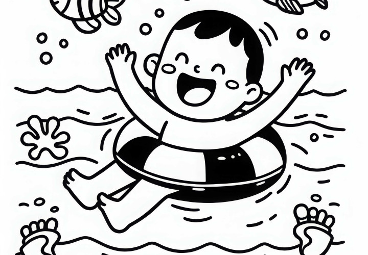 Anak belajar berenang - Gambar mewarnai mudah gratis