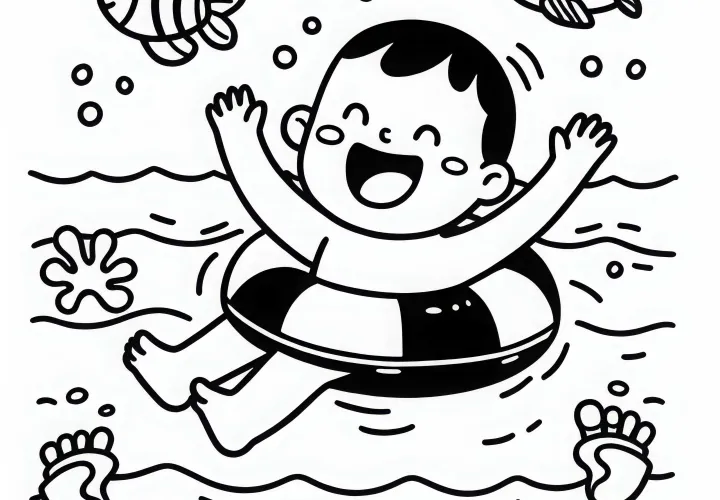 Child learns to swim - Coloring page simple free