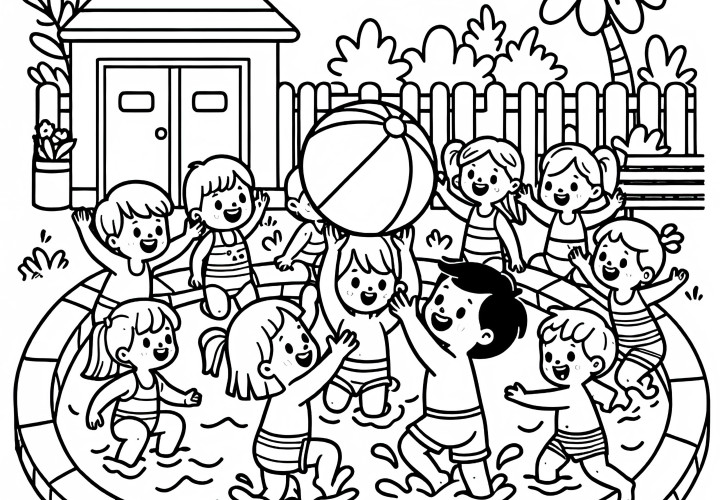 Grupo de niños juega con una pelota de agua en la piscina – Dibujo para colorear gratis