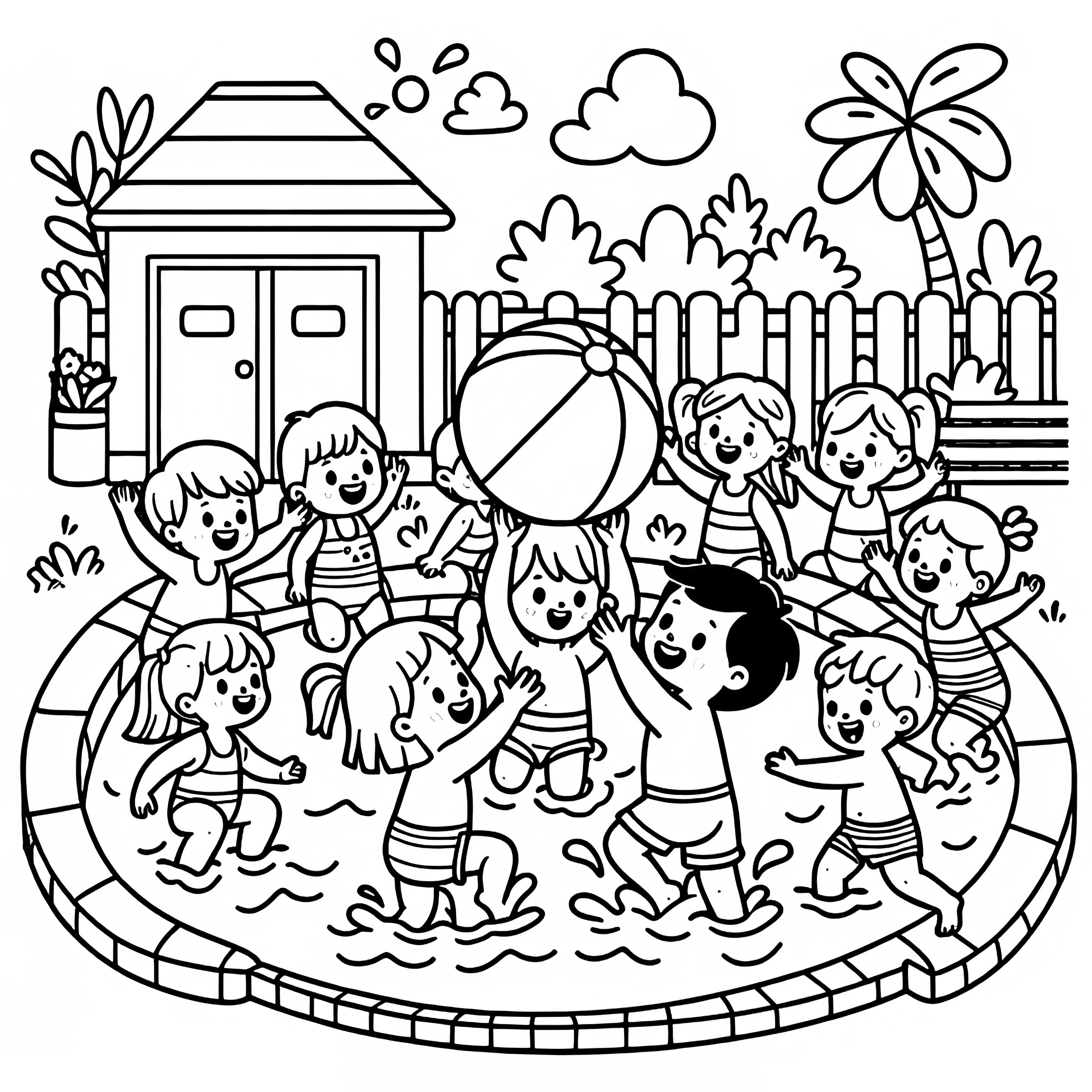 Grupo de niños juega con una pelota de agua en la piscina - Dibujo para colorear gratis