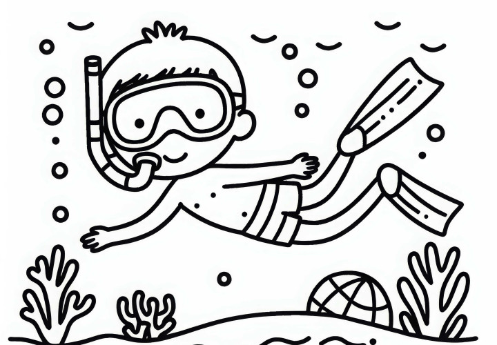 Penyelam dengan kacamata renang dan snorkel menjelajahi air – Gambar mewarnai gratis