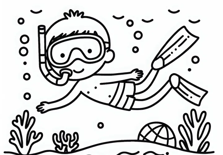 Diver with goggles and snorkel explores the water - free coloring page