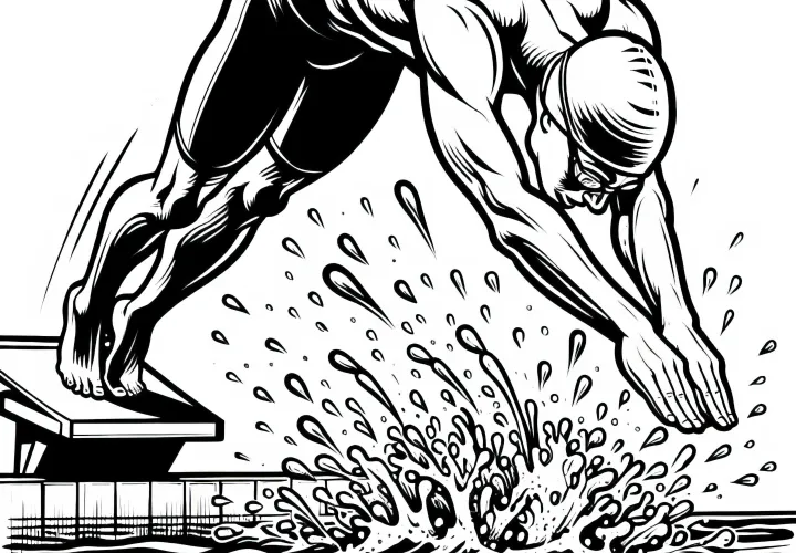 Swimmer dives powerfully from the starting block into the water - free coloring page