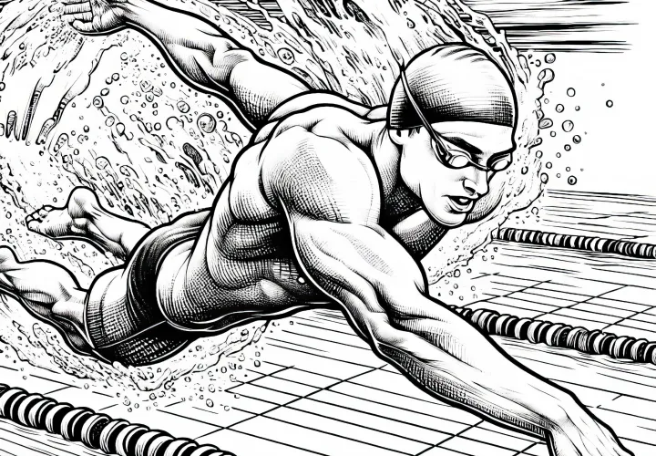 Swimmer pulls powerfully through the water - detailed coloring page for free